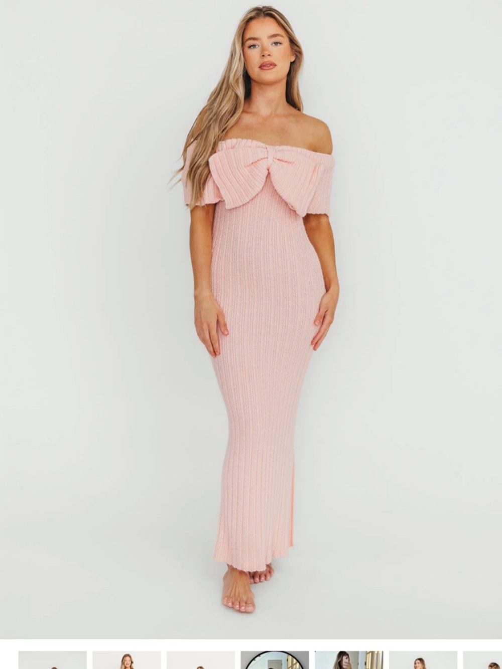 Off-Shoulder Bow Ribbed Maxi Dress in Light Pink